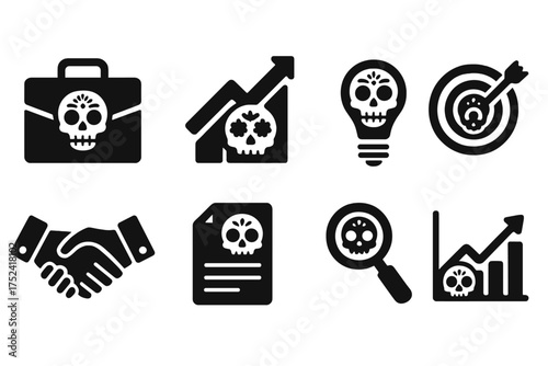 Day of the dead, business solid icon set. skull, office, data icons collection