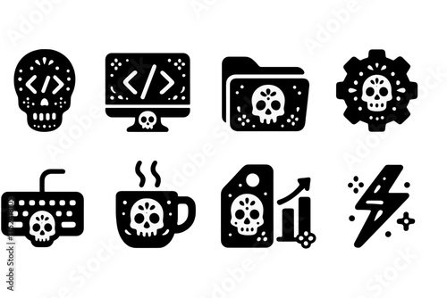 Sugar skull halloween icon set. technology, coding silhouette icons collection