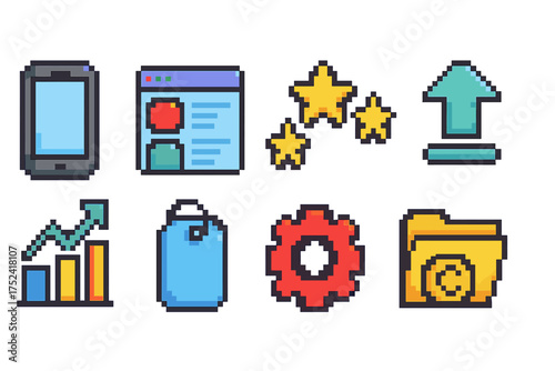 Business, technology pixel icon set. retro, digital icons in flat pixel art style