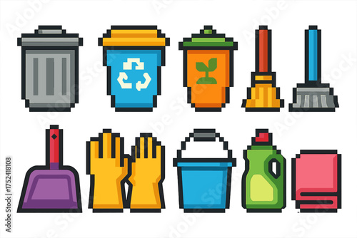 Cleaning, recycling flat icon set. waste management, household tools flat graphics