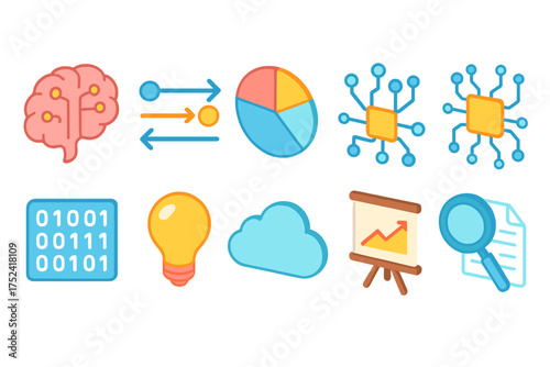 Data science flat icon set. collection of data analysis, technology, and innovation icons.