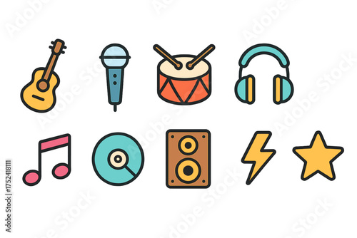 Music and audio flat icon set. instruments, sound, music elements flat collection