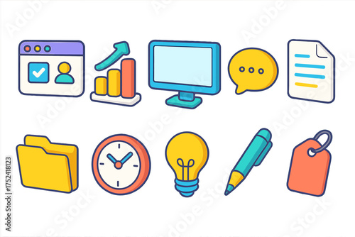Office and productivity icon set. colorful, flat icons for business and organization