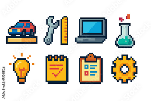 Pixel art icon set: technology, science, and tools in vibrant 8-bit pixel designs