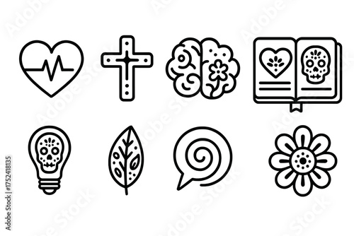 Day of the dead outline icon set: skulls, hearts, flowers, and book symbols