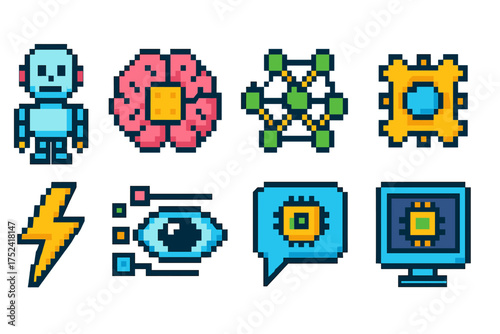 Ai and technology flat icon set. neural networks, robotics, innovation icons collection