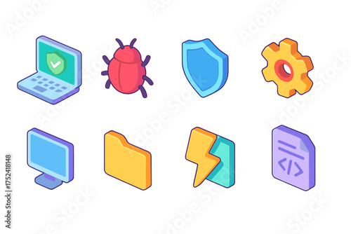 Cybersecurity, technology flat icon set. shield, bug, gear, and monitor flat icons.