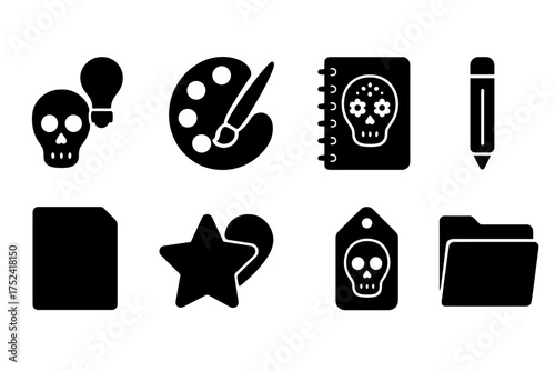 Halloween silhouette icon set. skull, art, notebook, pencil, star icons in silhouette style