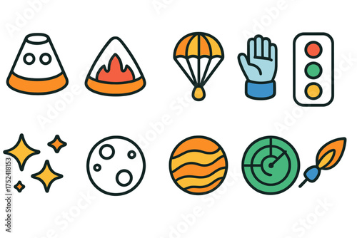 Safety and space flat icon set. traffic, exploration, safety icons collection