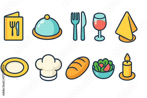 Restaurant and dining flat icon set. food and beverage icons flat collection.