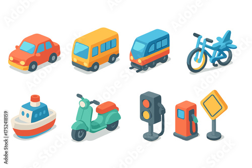 Transportation and vehicle 3d icon set. cars, bicycles, traffic lights 3d collection.