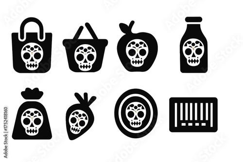 Day of the dead silhouette icon set: skulls, traditions, and more