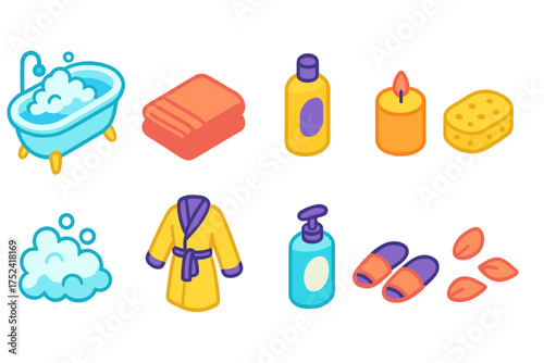 Bath essentials icon set. relaxing bath time icons 3d collection