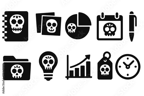 Skull-themed solid icon set for halloween and spooky season projects