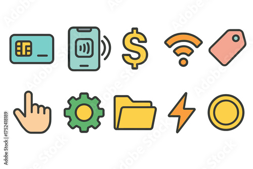 Technology and finance flat icon set. digital payment, communication, data icons.