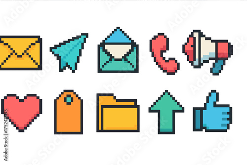 Social media pixel icon set. flat collection of communication and interaction icons