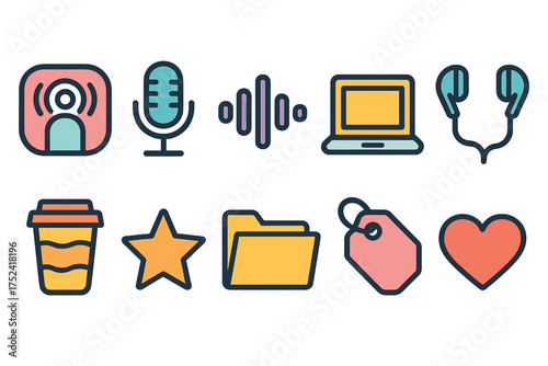 Podcast, music linear icon set. audio, media symbols in modern outline style