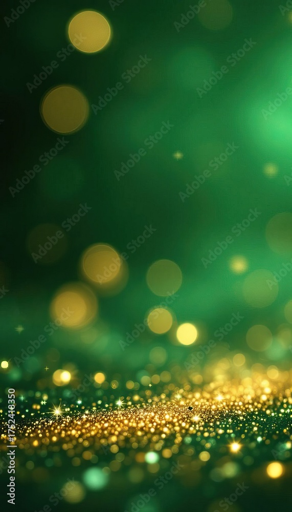 Obraz premium Enchanting green and gold bokeh sparkle background with glowing lights