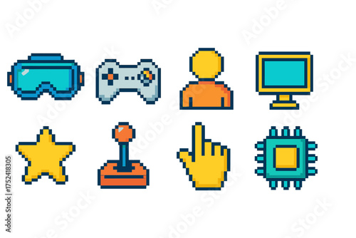 Gaming technology pixel icon set. retro gaming, technology, pixelated icons collection.