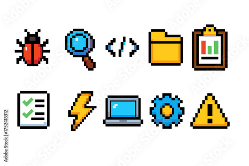 Pixel art outline icon set. retro, technology, business, colorful icons collection.