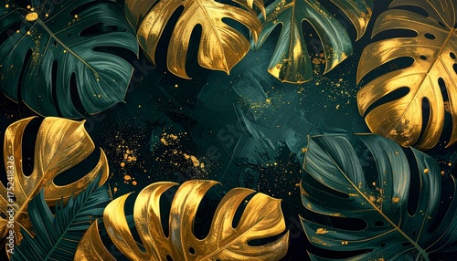 Golden monstera leaves, tropical foliage, botanical pattern, luxury design, decorative elements, nature-inspired texture, exotic plants, elegant background, vibrant greenery, tropical jungle, lush lea