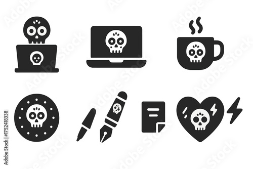Day of the dead solid icon set. skull, sugar skull festival symbols collection