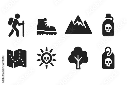Hiking and adventure solid icon set. outdoor, nature elements solid collection