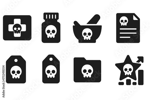 Pharmacy and poison solid icon set. medical, toxicology symbols solid icons pack