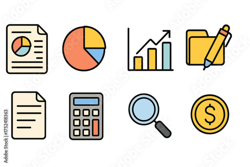 Business and finance flat icon set. data, analysis, money, office icons collection