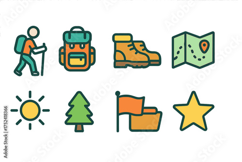 Hiking adventure flat icon set. trail, backpacking, outdoor symbols flat collection