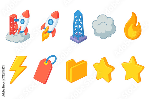 Science and technology icon set. flat style collection with rockets, stars, and clouds