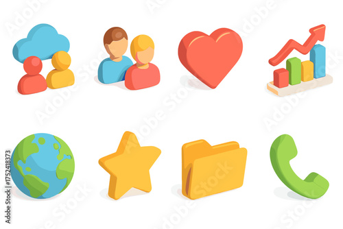 Business and communication 3d icon set. analytics, social, global icons collection