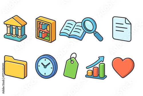 Education and school icon set. library, learning, study tools flat icons collection