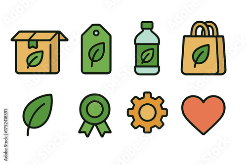 Eco-friendly flat icon set. sustainability, packaging, shopping, and nature symbols.