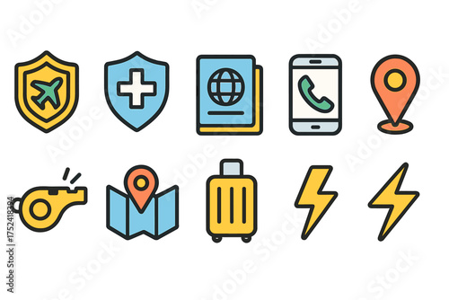 Travel and navigation flat icon set. adventure, direction icons flat collection