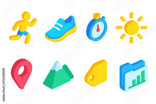 Fitness and activity 3d icon set for health and outdoors, exercise symbols collection
