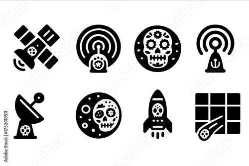 Space and skull silhouette icon set. futuristic cosmic icons collection.
