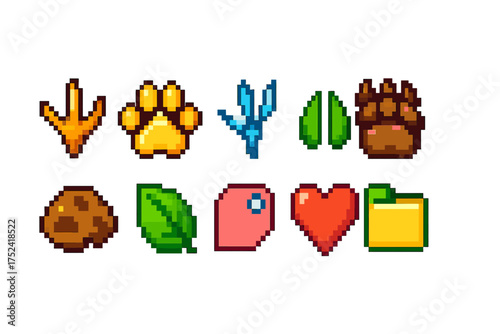 Pixel art animal tracks icon set. line style footprint icons collection