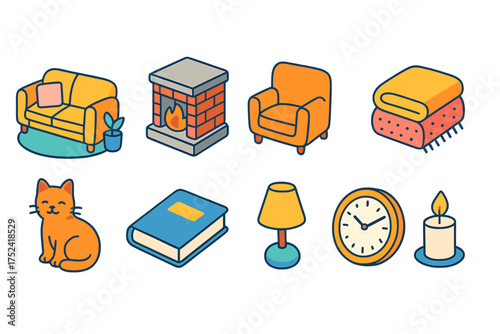 Home essentials flat icon set: cozy living icons for decor and comfort