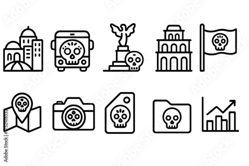 Day of the dead, sugar skulls icon set: mexican festival, line art collection