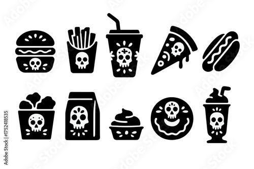 Halloween fast food silhouette icon set: spooky snacks and treats