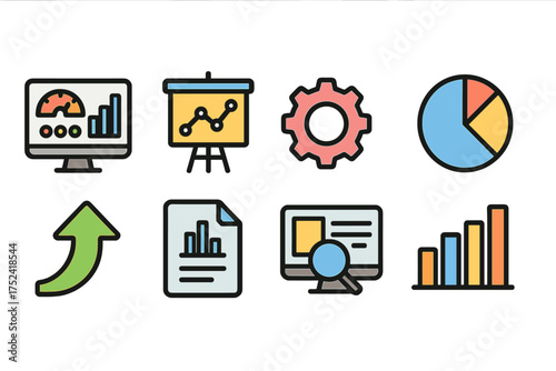 Business analytics flat icon set: charts, growth, and performance icons collection