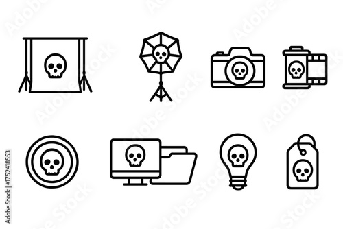 Photography, film linear icon set. creative camera and lighting outline icons collection
