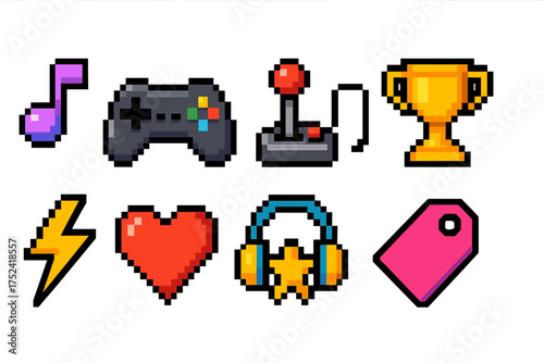 Pixel art gaming icon set. retro, nostalgic icons with vibrant 8-bit style
