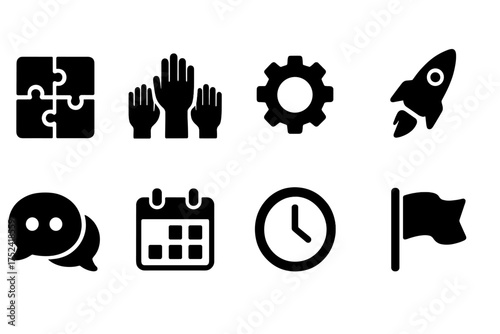Business and communication solid icon set. productivity, teamwork, time management icons