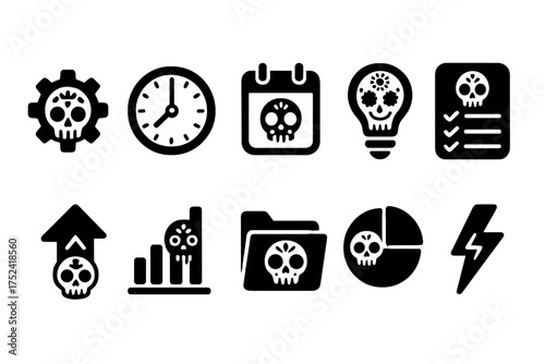 Day of the dead solid icon set: skulls, gears, clocks, calendars, graphs