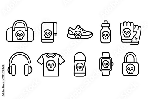 Fitness and gym line icon set. exercise, sports equipment linear style icons pack