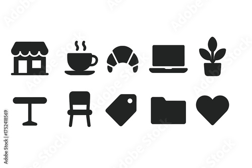 “coffee shop silhouette icon set. cafe, pastry, heart, and plant icons collection.”