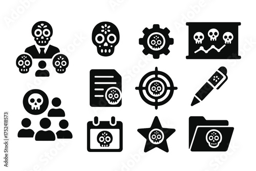 Day of the dead solid icon set. sugar skulls, culture, tradition symbols collection.