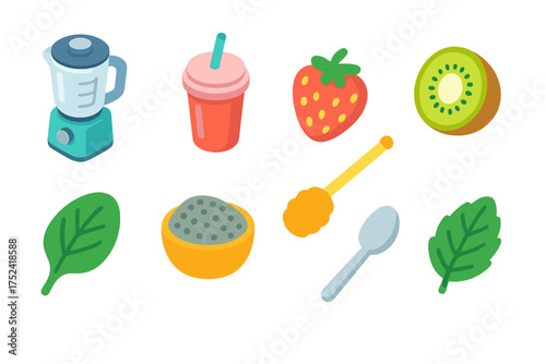 Smoothie ingredients icon set. fresh fruits and blender icons in flat style